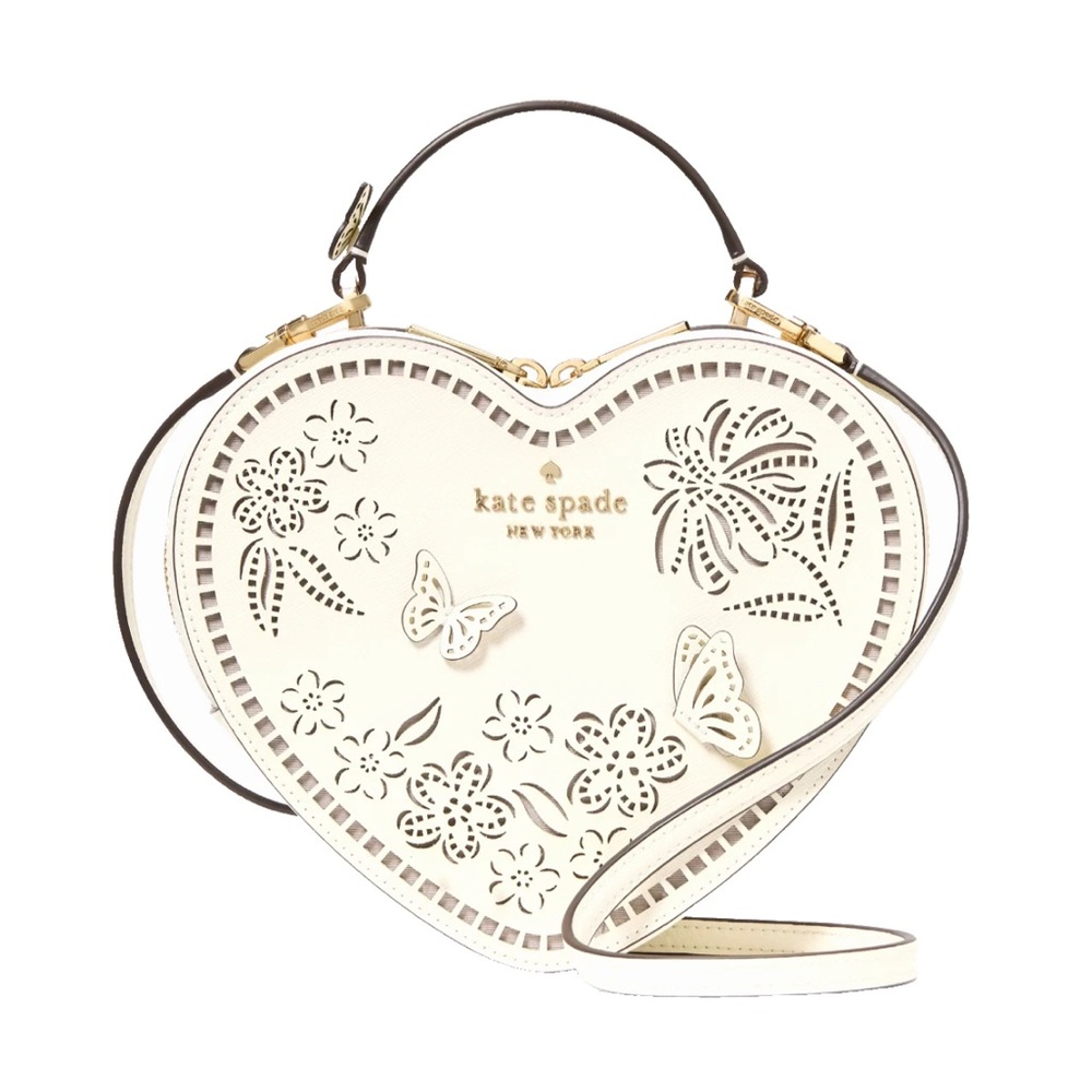 New Kate Spade Love Shack Perforated Heart Crossbody 3D Butterfly Meringue